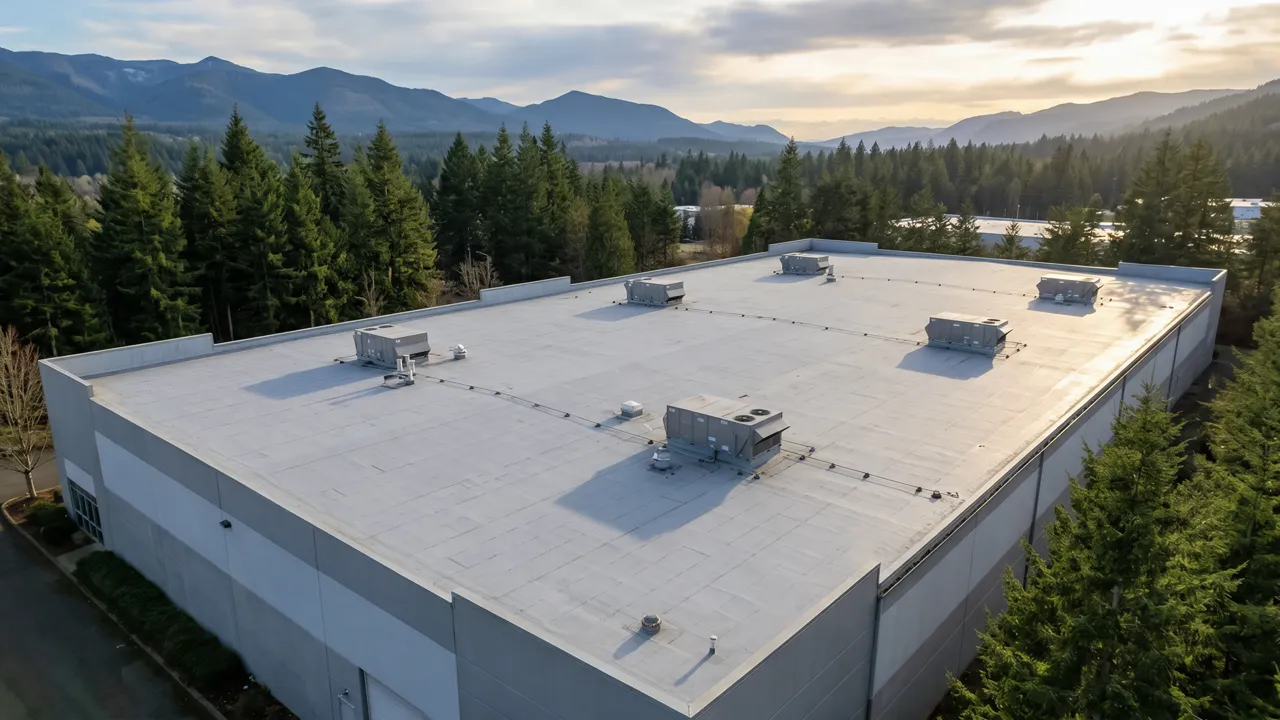 Aerial view of a clean commercial flat roof with rooftop HVAC units