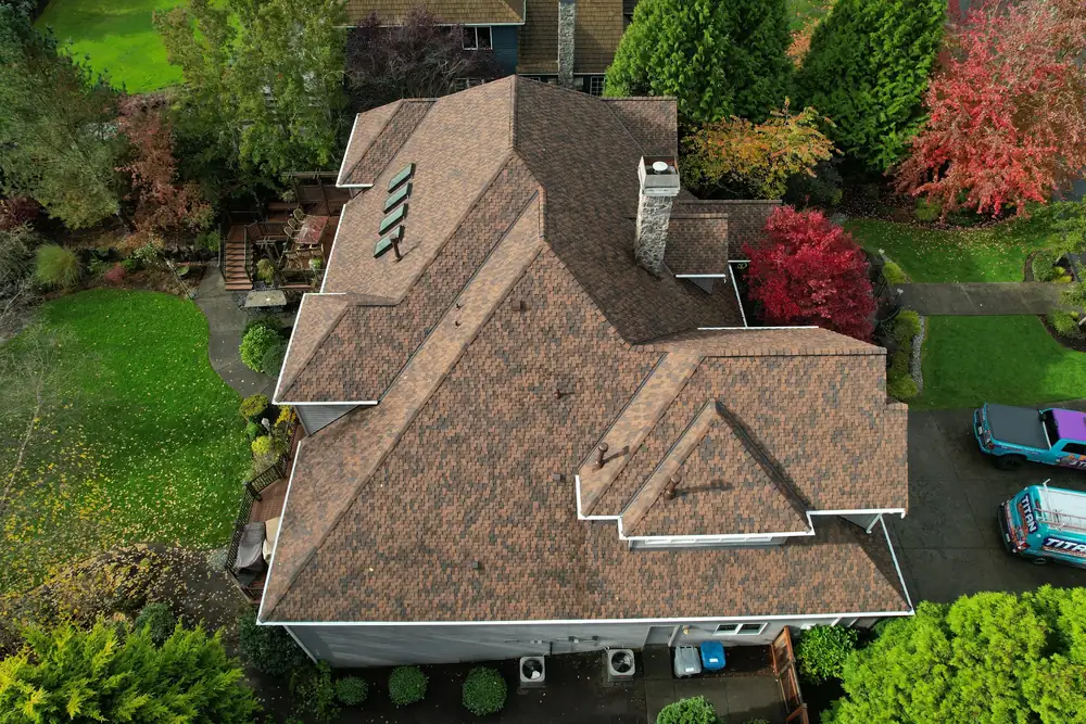 Shingle roof seen from above, Titan Roofing project