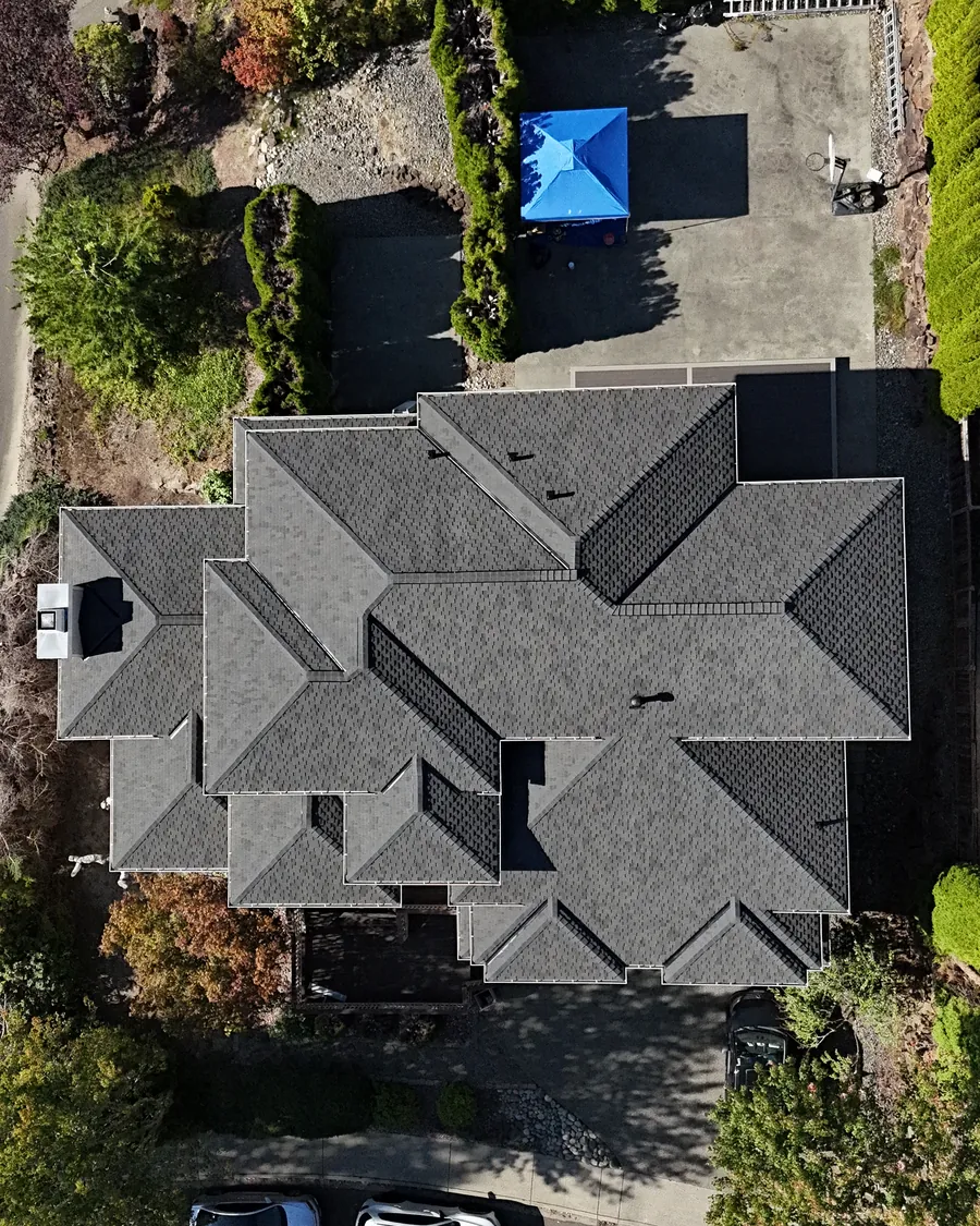 Drone view of a completed full roof replacement by Titan Roofing