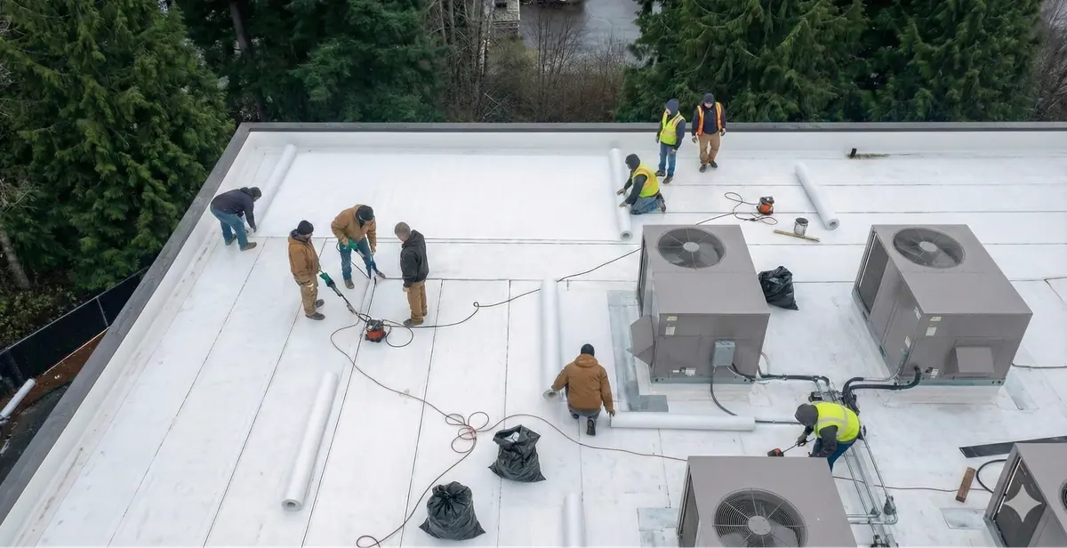 Flat TPO membrane roof installation on a Pacific Northwest home