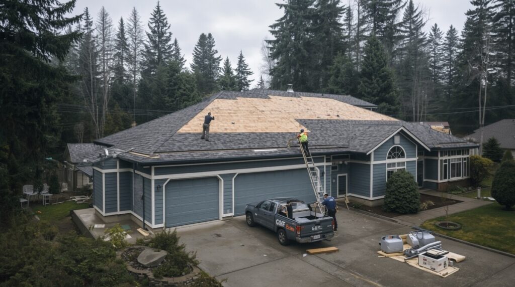 Roofing crew installing GAF Timberline shingles on a Washington State home with crew, ladder, and dumpster visible