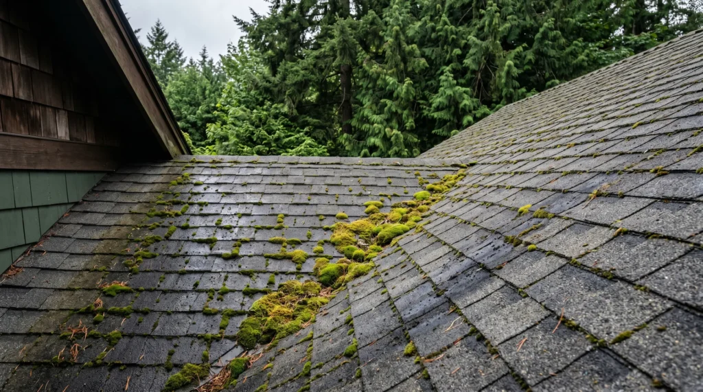 moss-covered asphalt shingle roof Pacific Northwest Washington