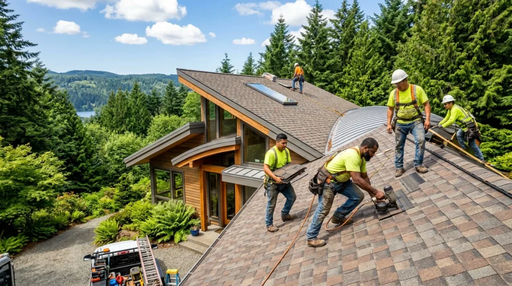 Roofing crew replacing a roof on a dry summer day in Western Washington