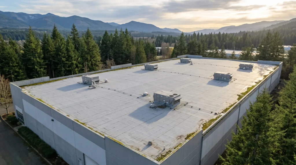 Commercial flat TPO membrane roof on warehouse with rooftop HVAC and drains in Western Washington