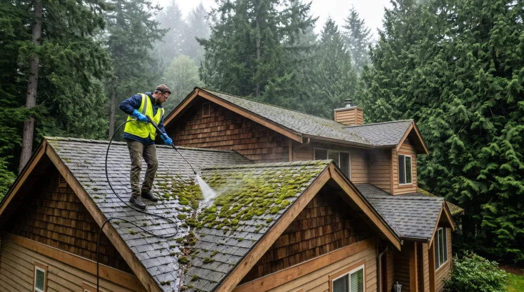 Roof soft washing to remove moss on a Pacific Northwest home