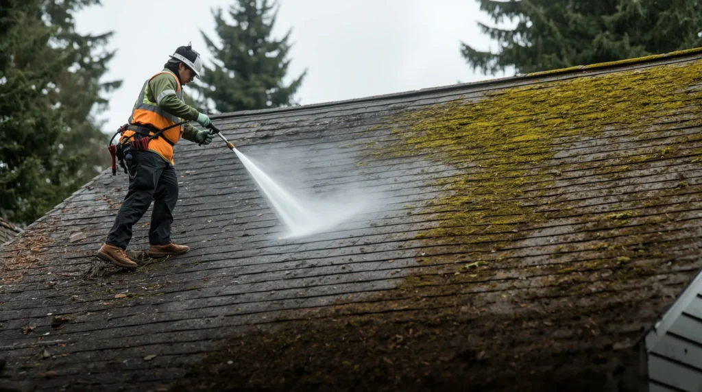 Technician soft washing a moss-covered asphalt shingle roof on a Pacific Northwest home