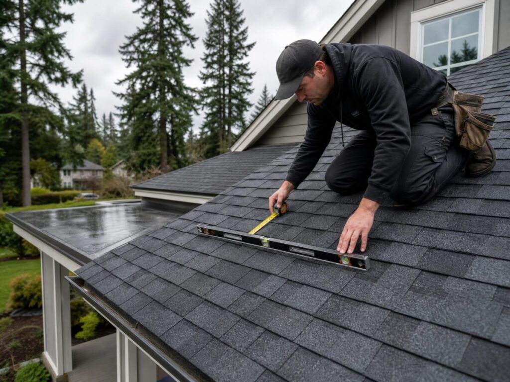 Roofer measuring roof pitch with a level on an asphalt shingle roof