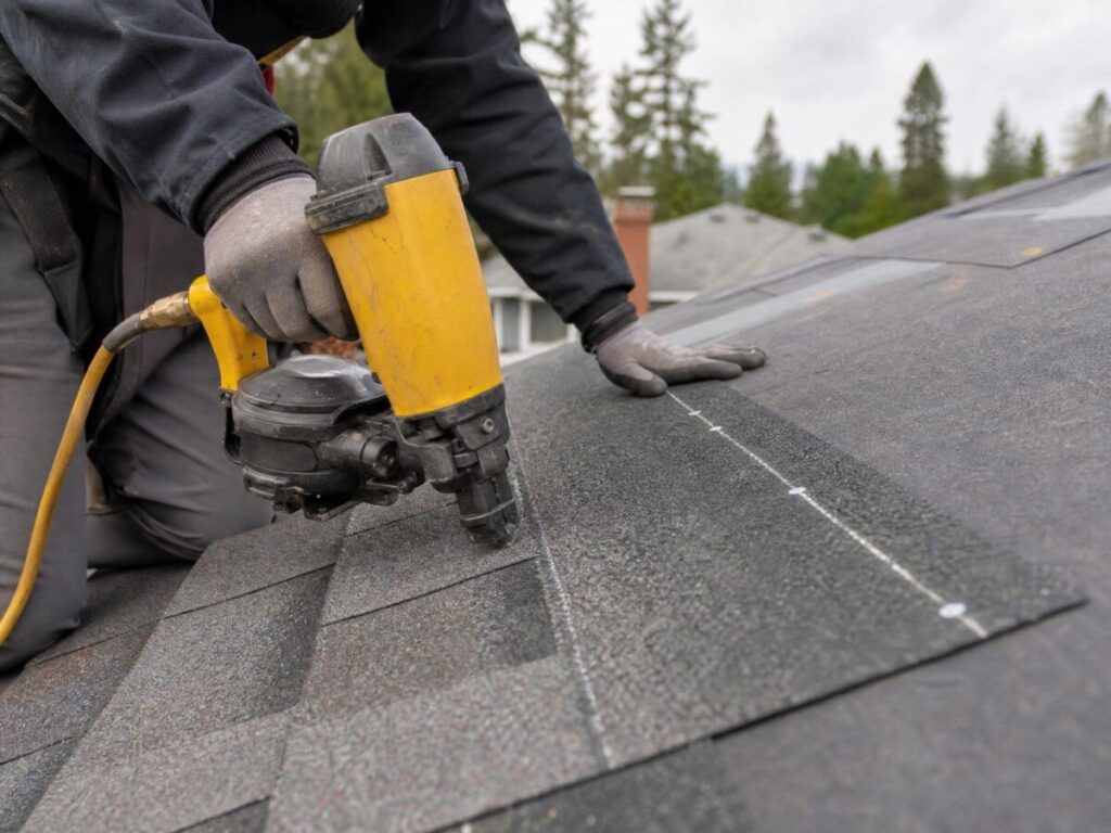 Roofer nailing an architectural asphalt shingle on the nail line with a nail gun