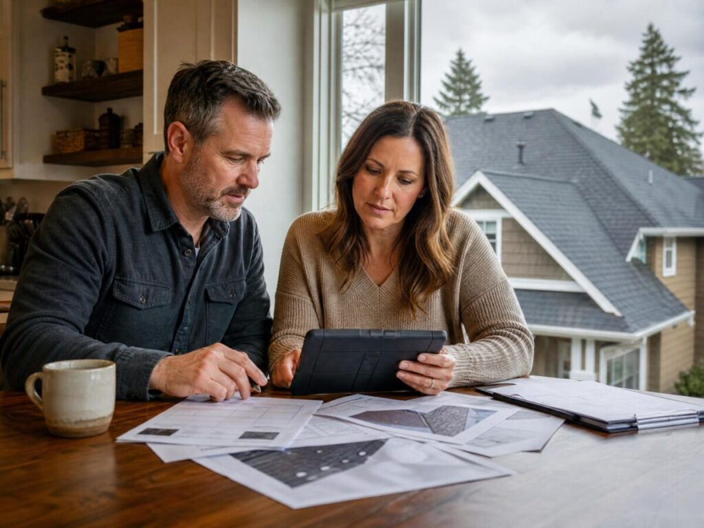 Homeowners reviewing a roof financing estimate at the kitchen table