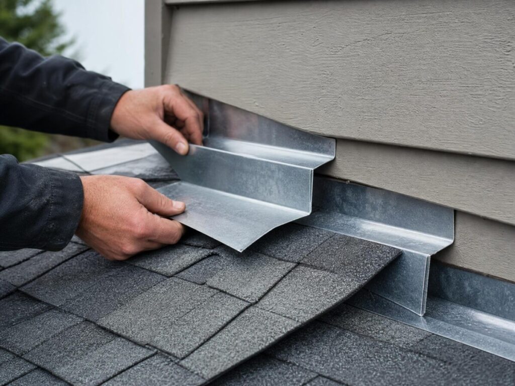 Galvanized step flashing woven with asphalt shingle courses on a roof-to-wall joint