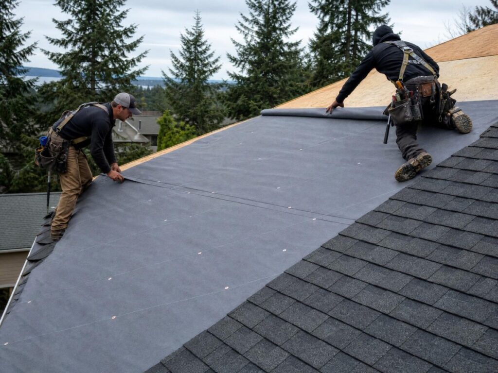Roofers installing synthetic underlayment across a roof deck