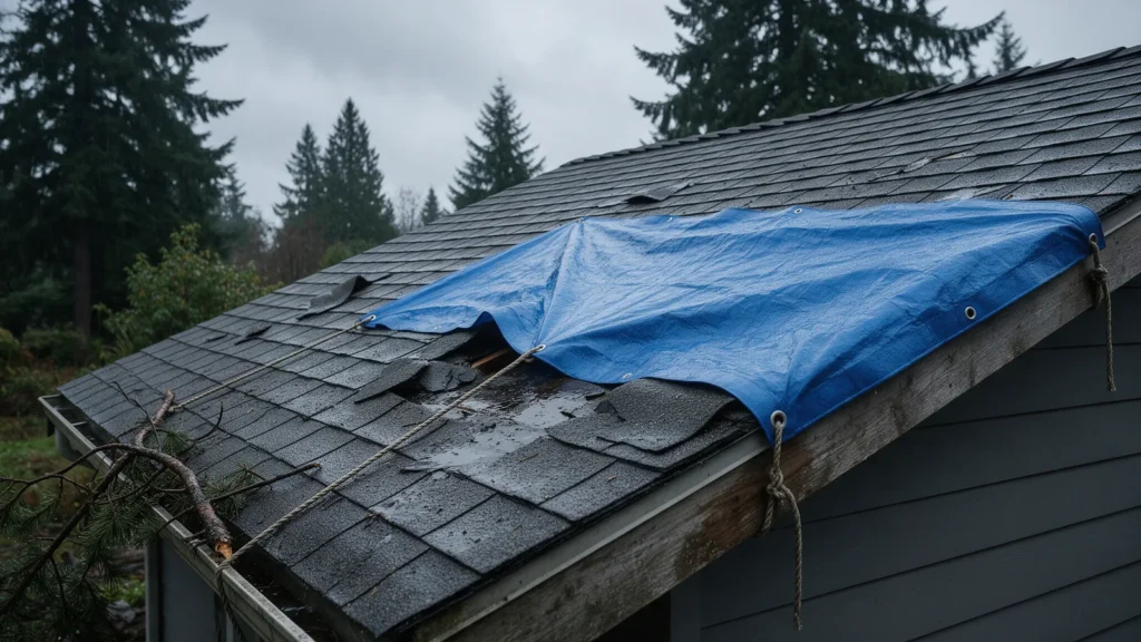 Blue emergency tarp secured over a storm damaged section of a residential roof